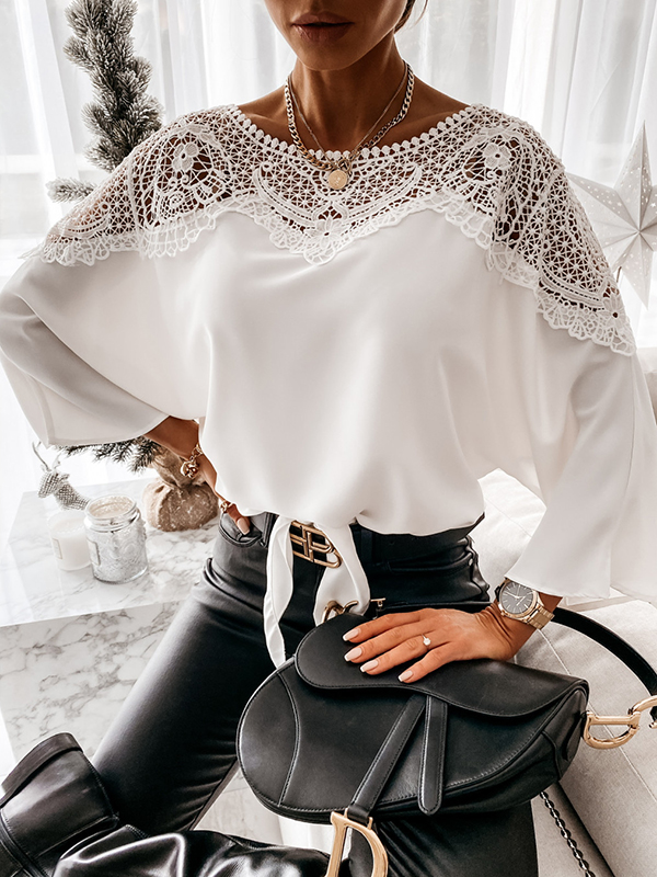 Long Sleeves Loose Solid Color Split-Joint Round-Neck Blouses&Shirts Tops