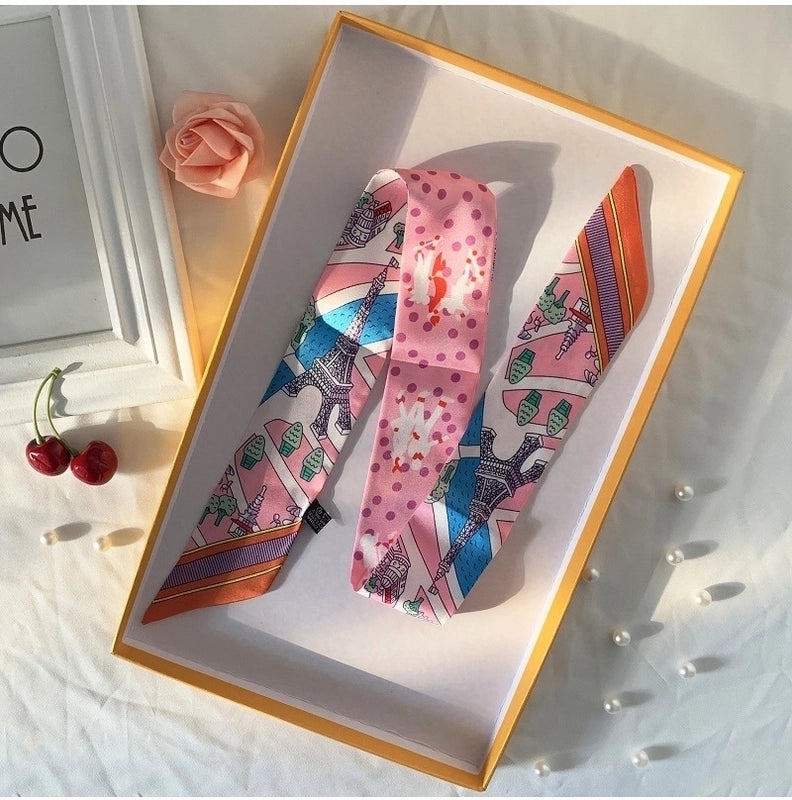 Women's Minimalist Classic Style Color Block Satin Printing Silk Scarf