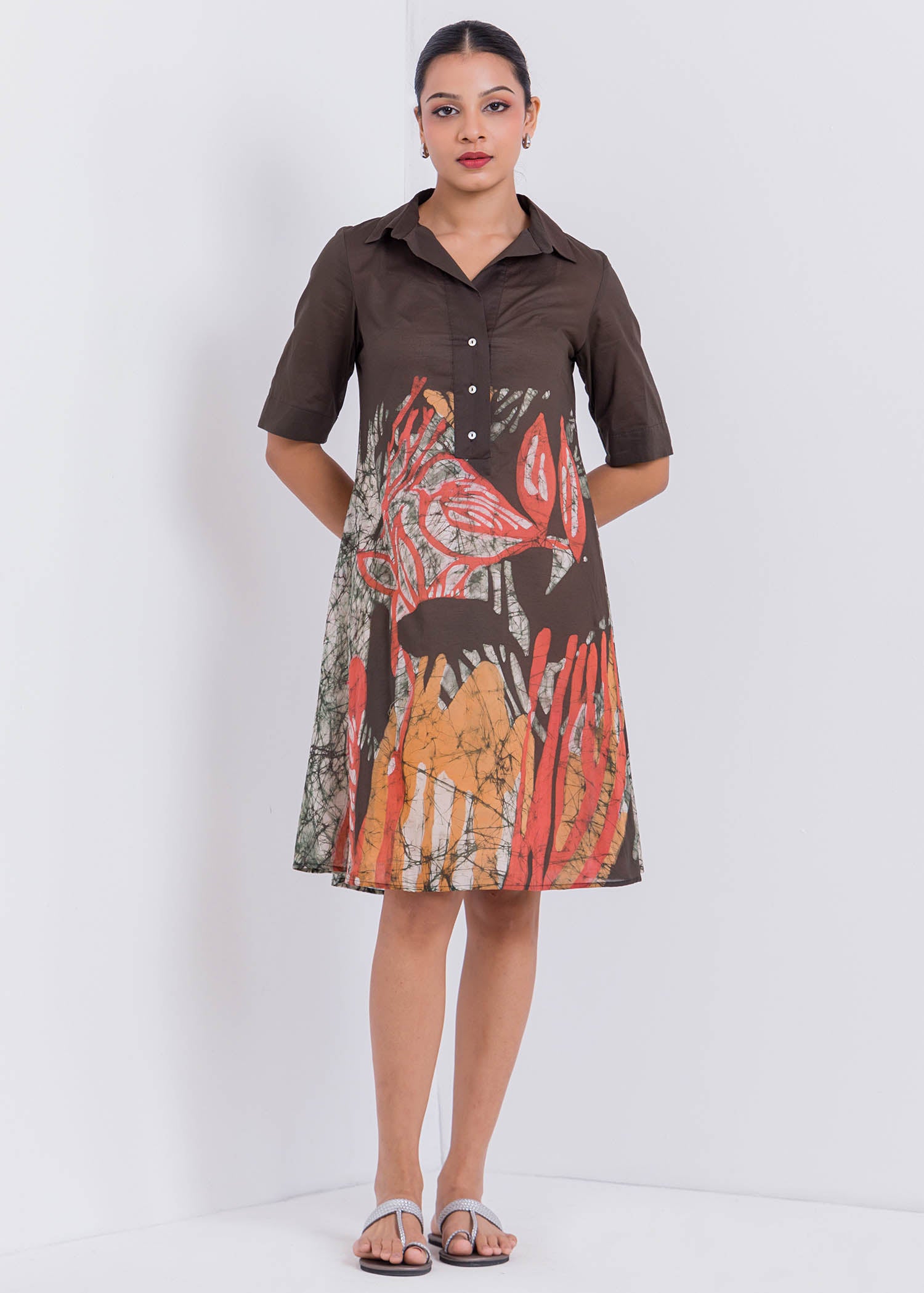 Bird Printed Collared Batik Dress