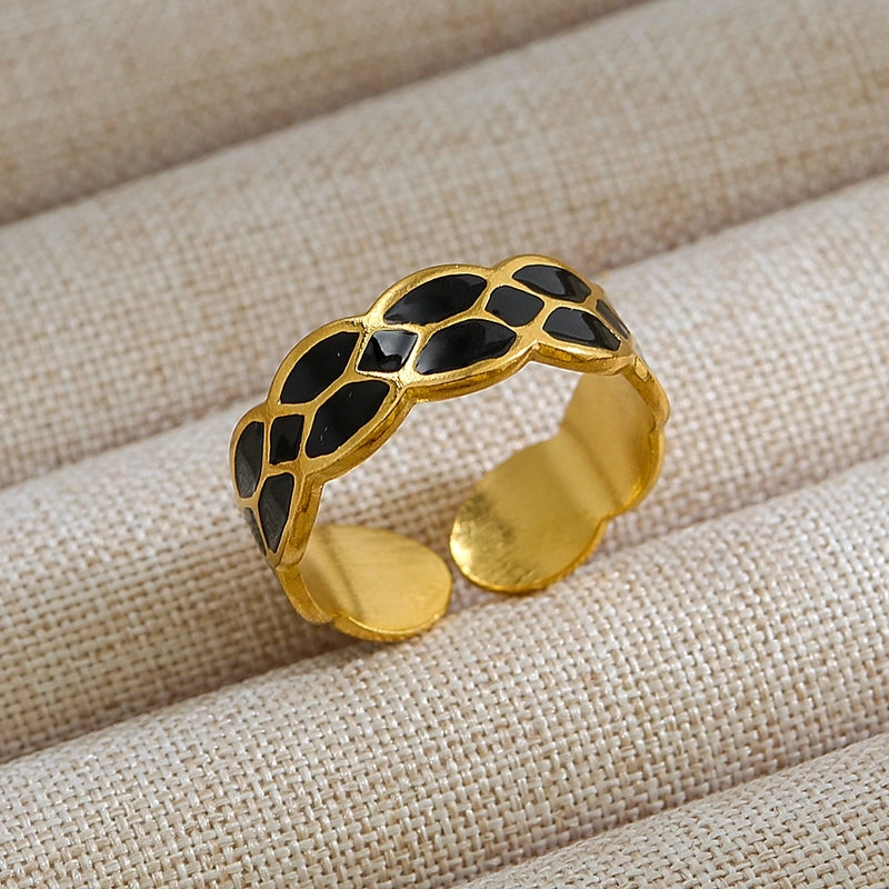 Rock Oversized Leaves Eye Flower 304 Stainless Steel Gem 18K Gold Plated Inlay Open Rings