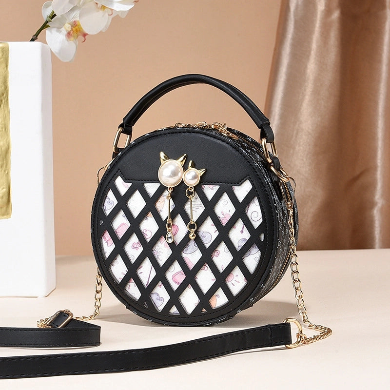 Women's Small All Seasons Pu Leather Color Block Classic Style Round Zipper Shoulder Bag