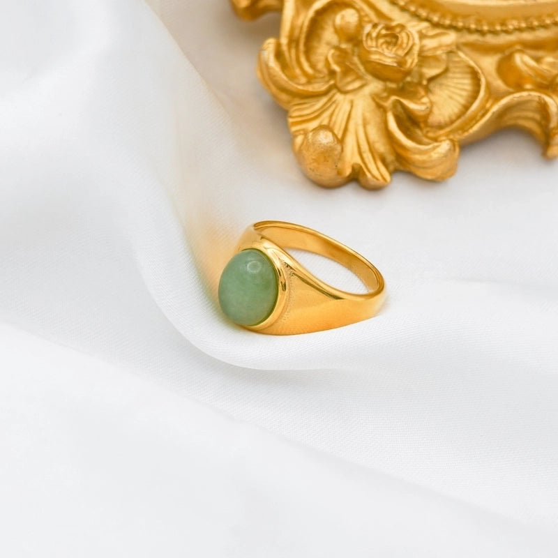 Retro Oval Stainless Steel Plating Inlay Agate 18k Gold Plated Rings