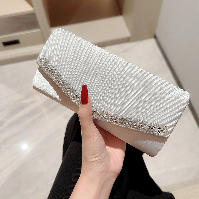 New Evening Bag Fashionable Pleated Clutch With Rhinestone Velvet Simple Dinner Crossbody Women's Bag
