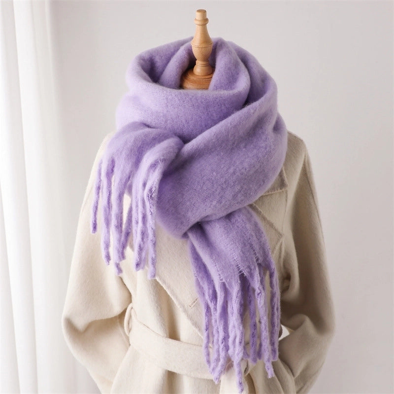 Mohair Scarf Pure Color All-matching Winter Warm Lengthened Fringe Bib Scarf Men's And Women's European And American Export Thick Scarf