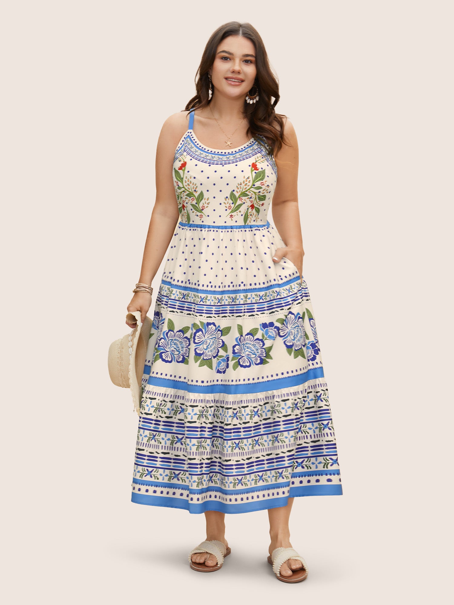 Boho Print Elastic Waist Cami Midi Dress