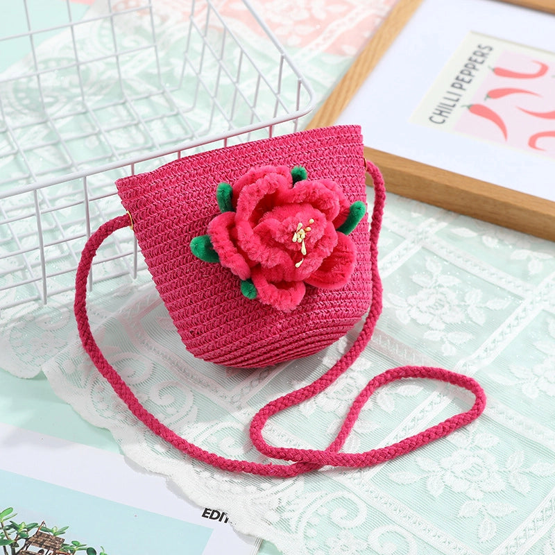 Women's Small Straw Solid Color Flower Vacation Beach Weave Round Zipper Straw Bag