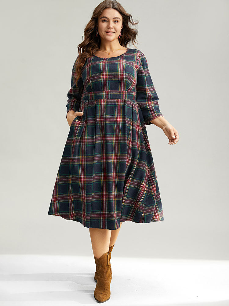 Christmas Plaid Pocket Elastic Waist Midi Dress