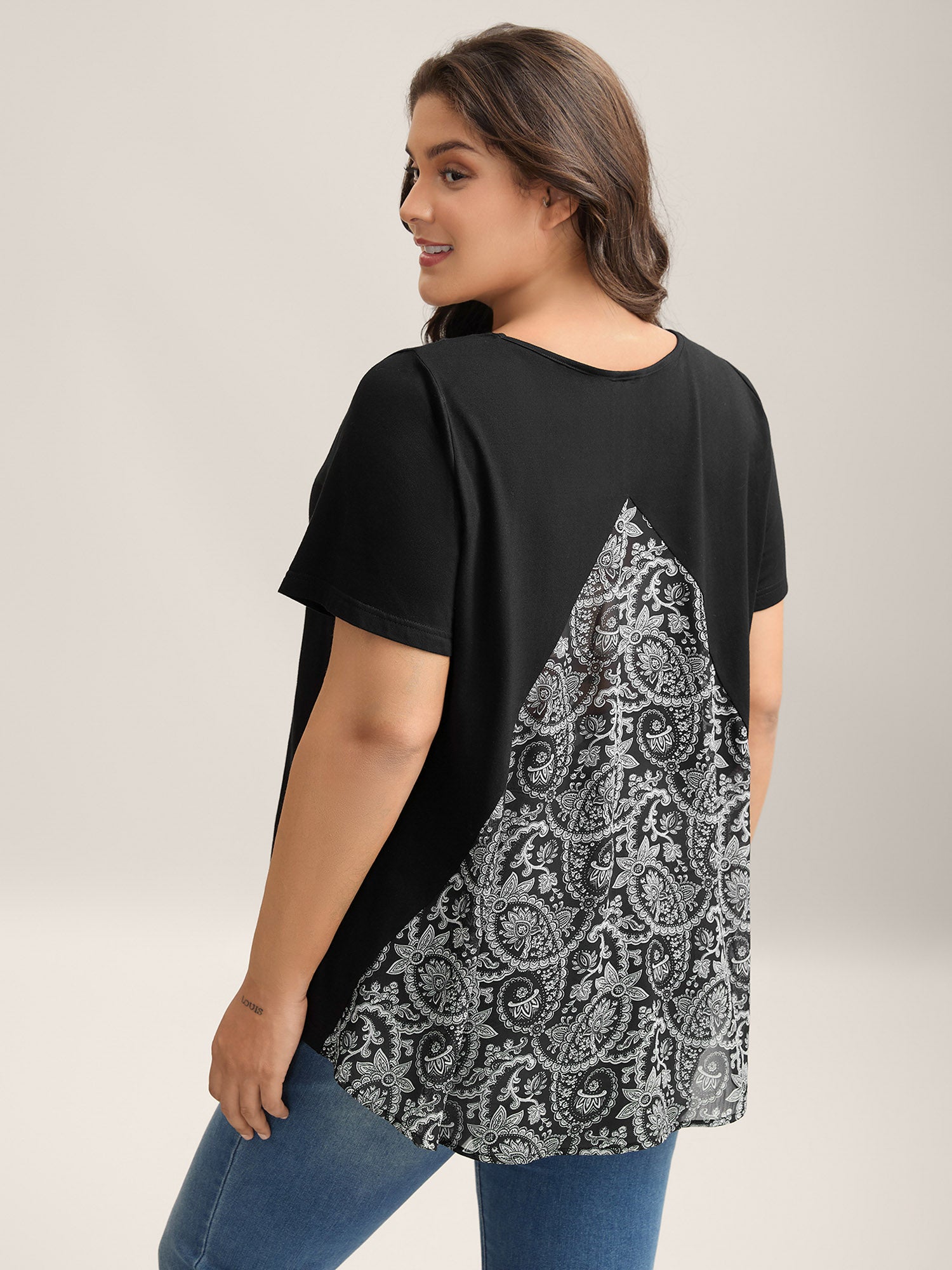 Paisley Print Crew Neck Spliced T-Shirt