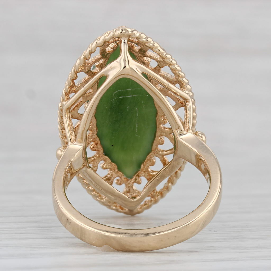 Green Nephrite Jade Navette Cabochon Ring 14k Yellow Gold Size 6.5