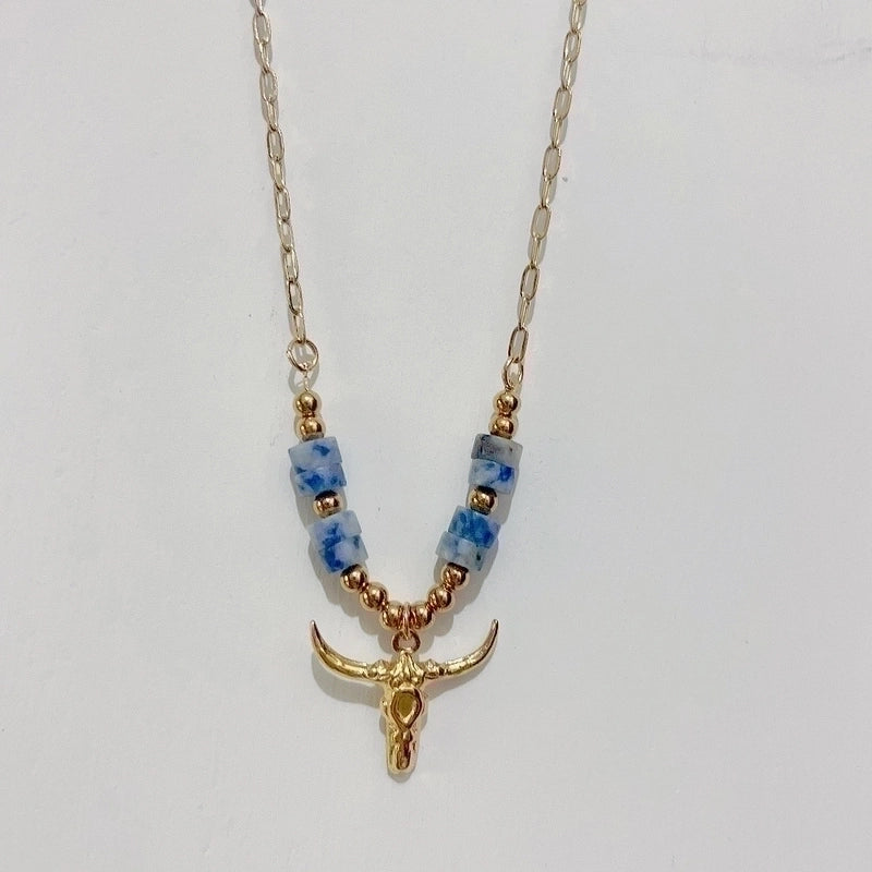 Fashion Bull Head Stainless Steel Plating Natural Stone Pendant Necklace