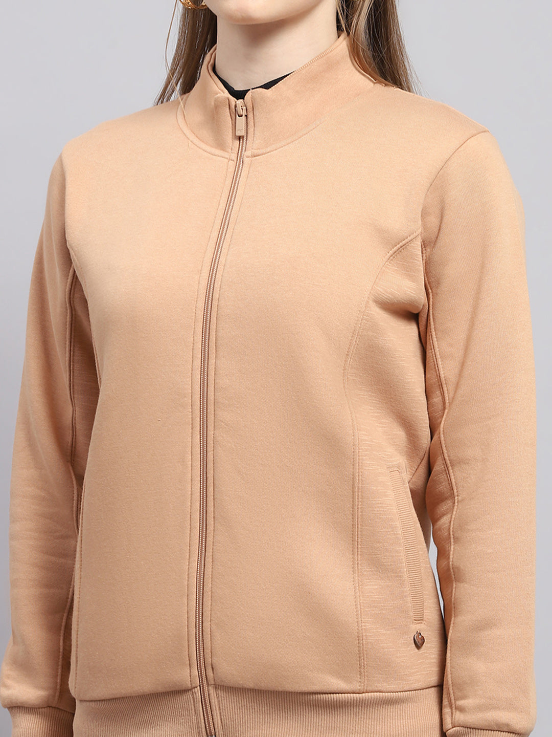 Women Peach Solid Mock Neck Full Sleeve Sweatshirt