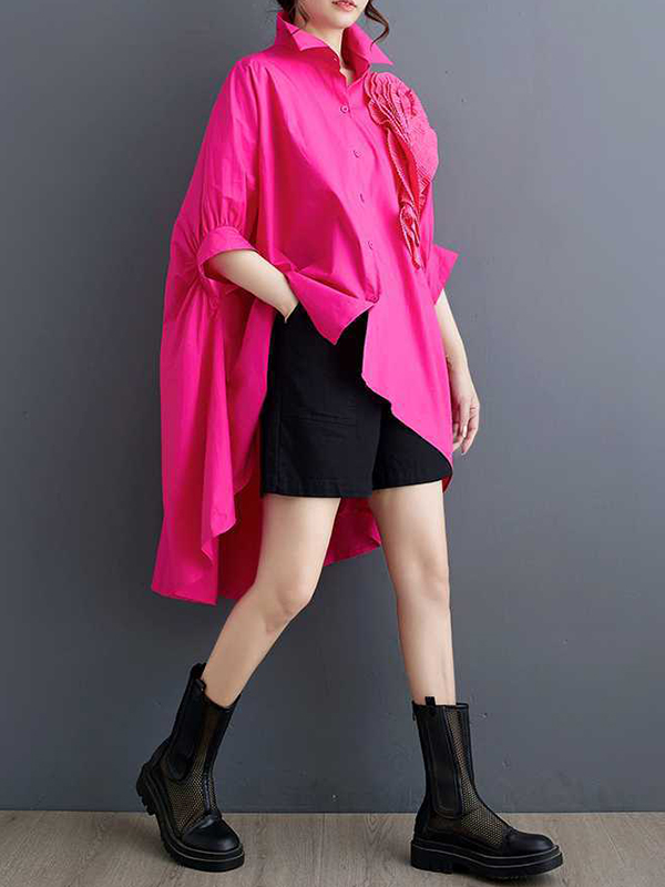 Batwing Sleeves Half Sleeves Asymmetric Buttoned Pleated Solid Color Three-Dimensional Flower Lapel Blouses&Shirts Tops