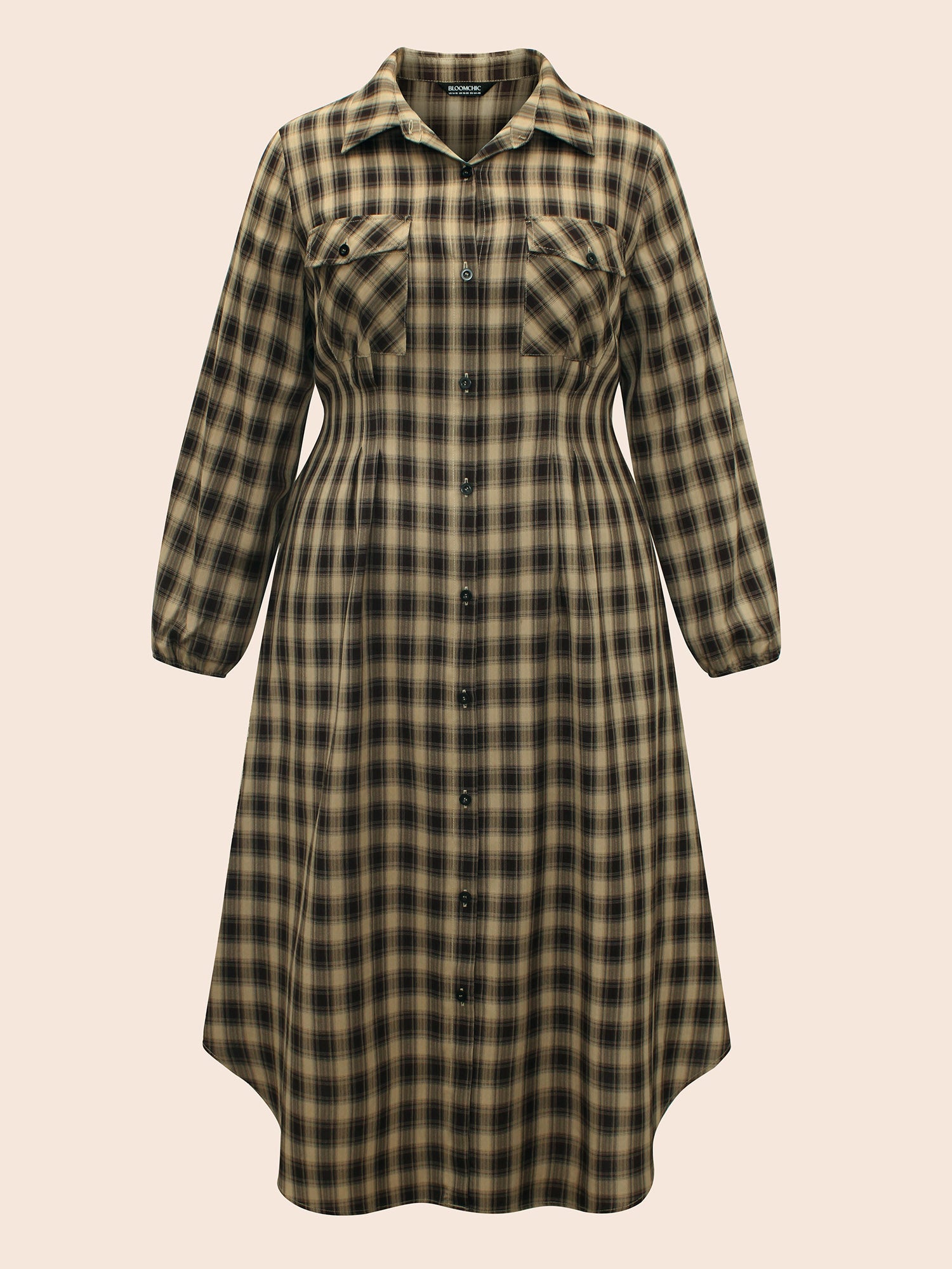 Plaid Pleated Flap Pocket Arc Hem Dress