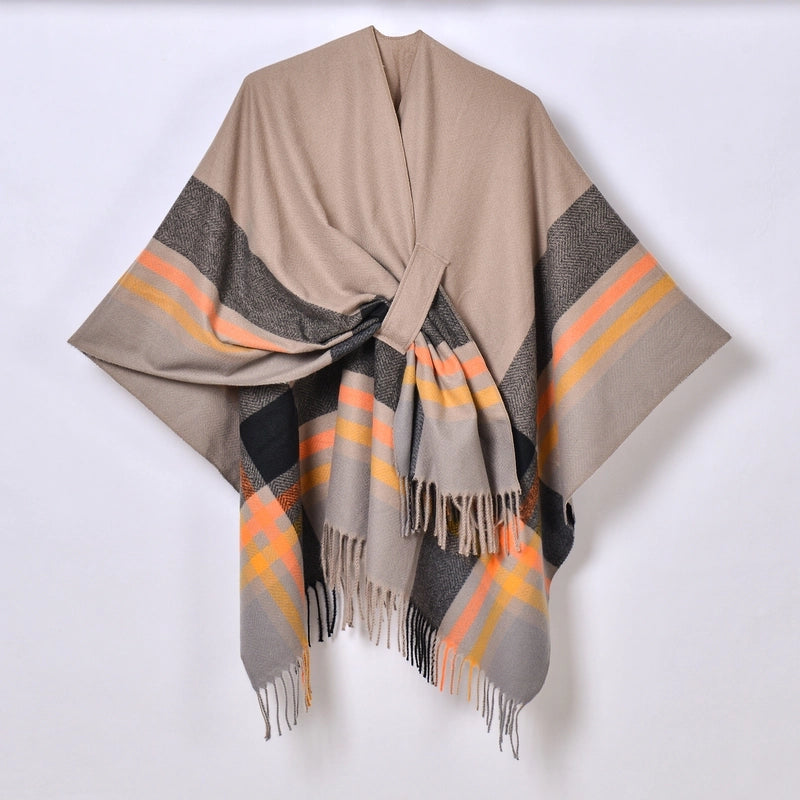 New Tassel Split Shawl Autumn And Winter Women's Simple Plaid Jacquard Scarf Cloak Hot Selling