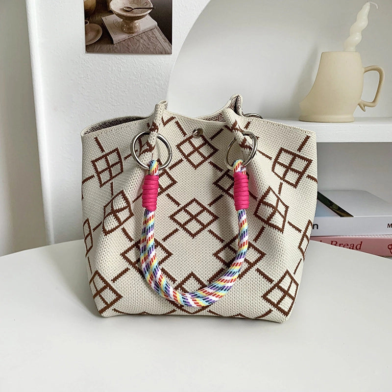 Women's Polyester Plaid Flower Classic Style Bucket Open Handbag