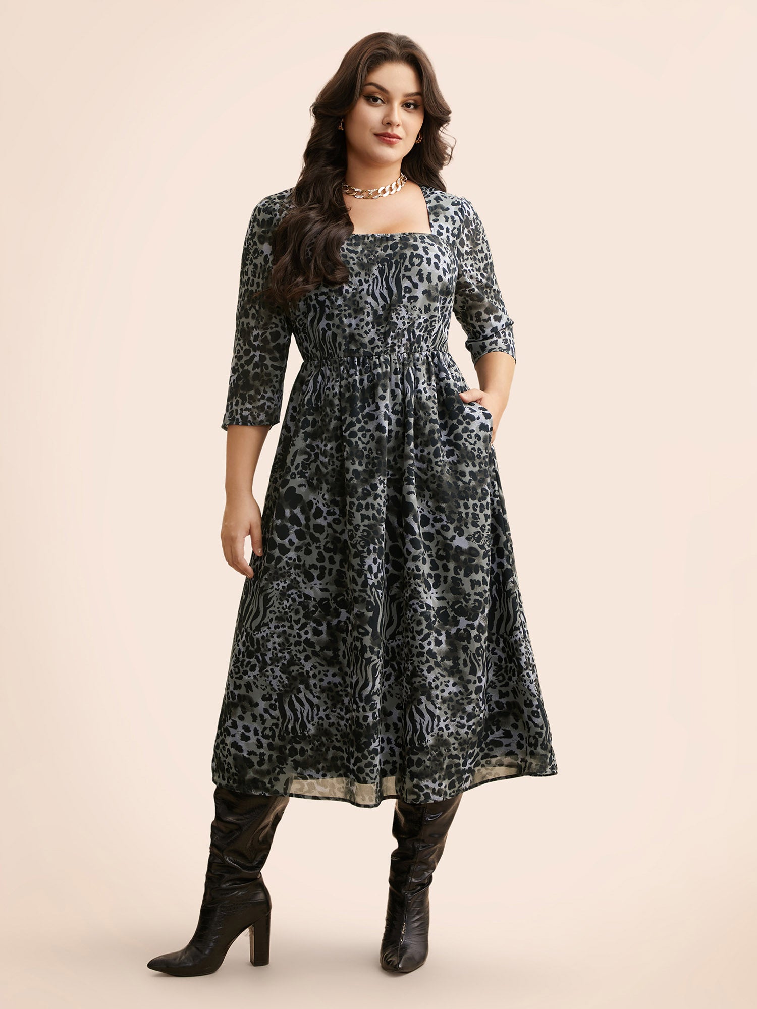 Leopard Print Square Neck Chiffon Dress