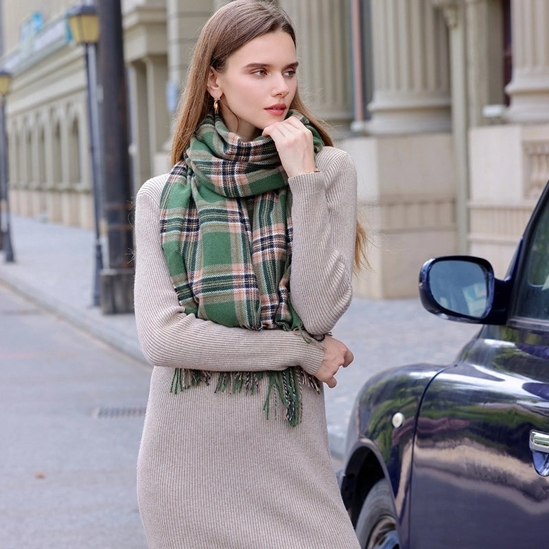 Korean Style Contrast Color Check Retro Artificial Cashmere Scarf Women's Winter Neck Warmer Warm All-matching Fashion Ins Factory