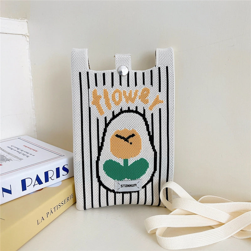 Women's Small Knit Cartoon Cute Bucket Lock Clasp Phone Wallets