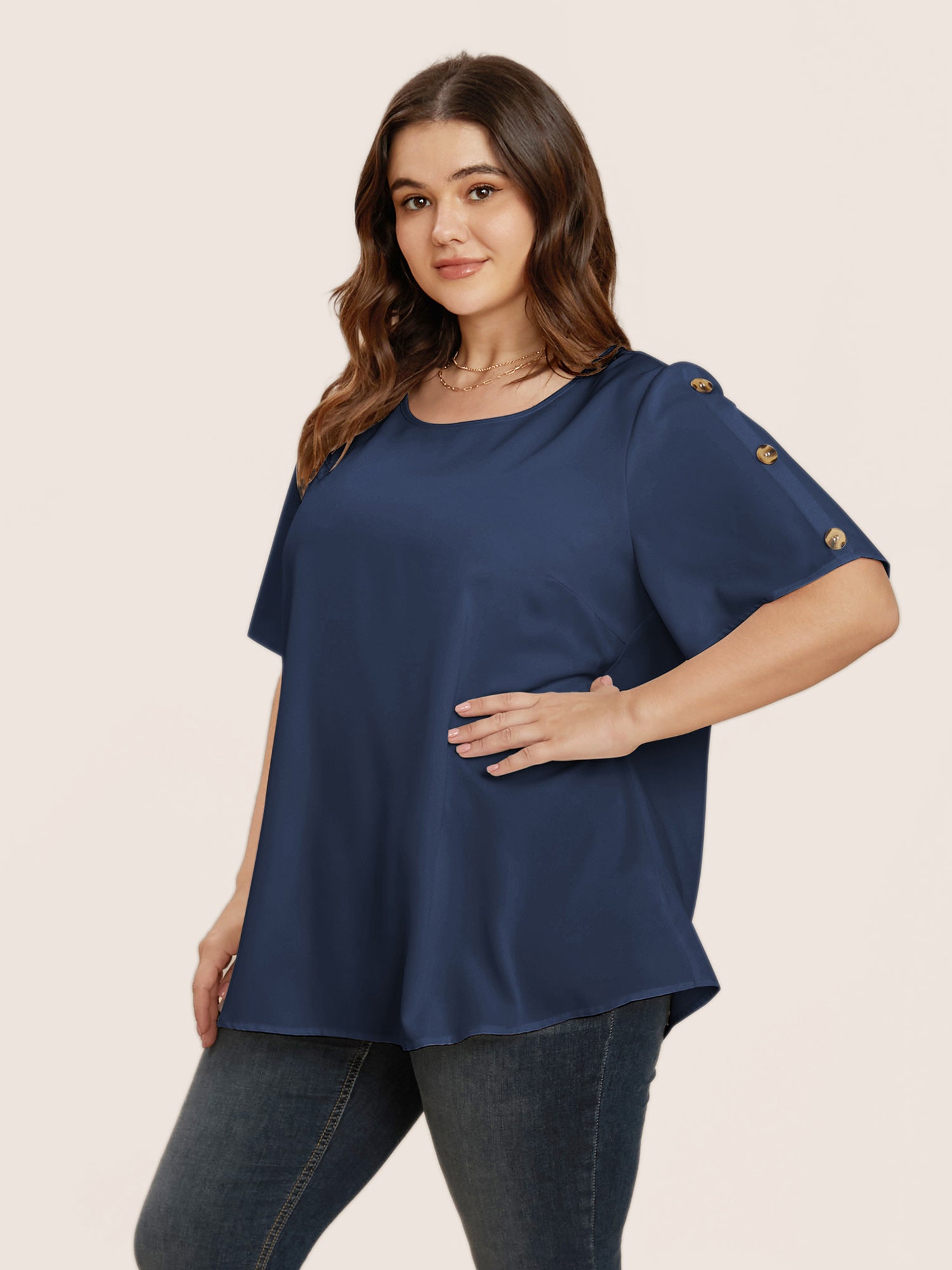 Plain Round Neck Button Detail Blouse