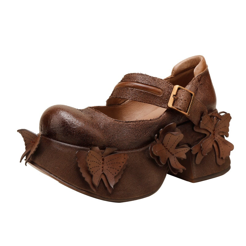 Handmade Retro Leather Mary Jane Shoes For Women 85mm Platform in Coffee/Gray
