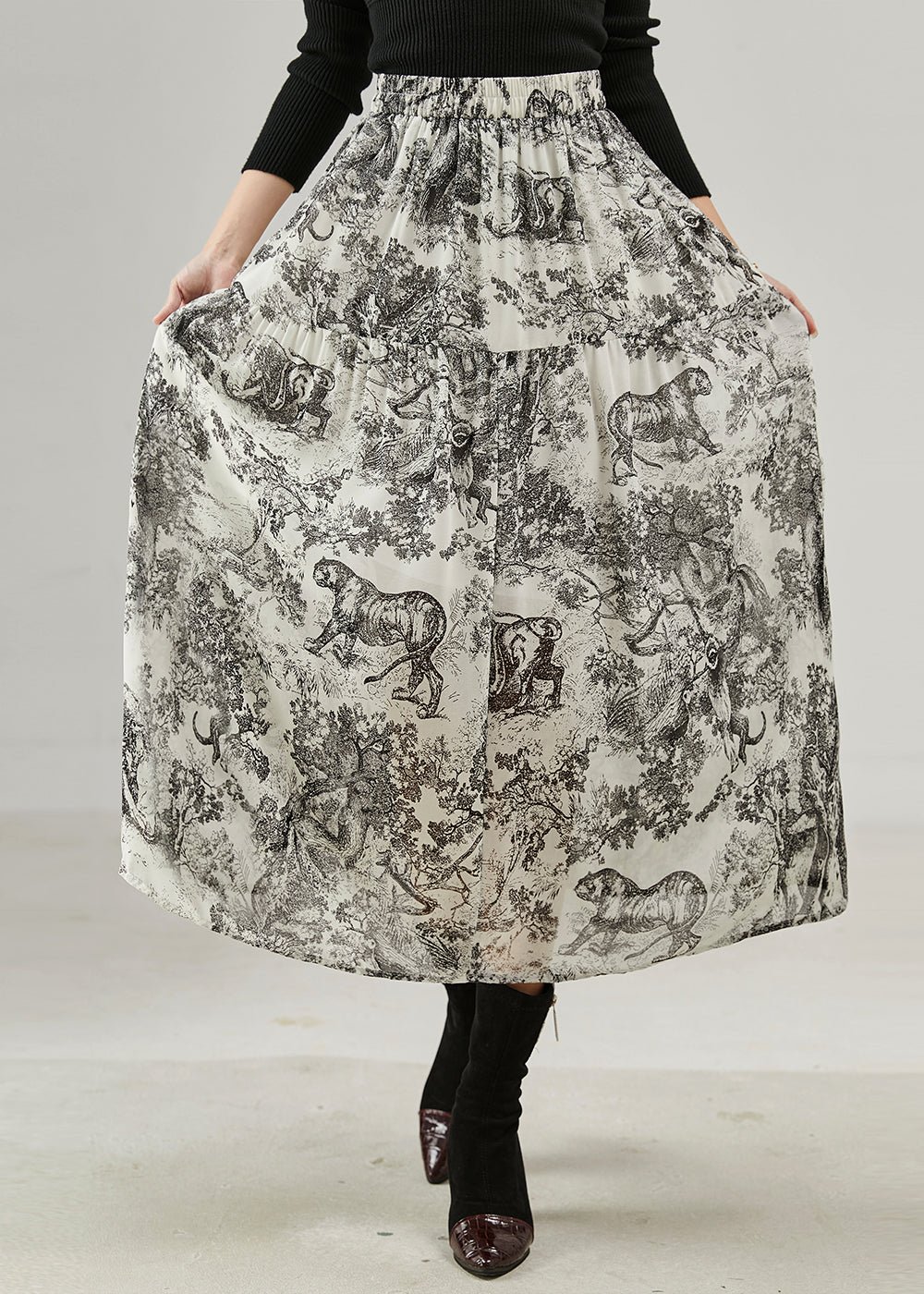 Vintage Black Print Cotton A Line Skirts Spring