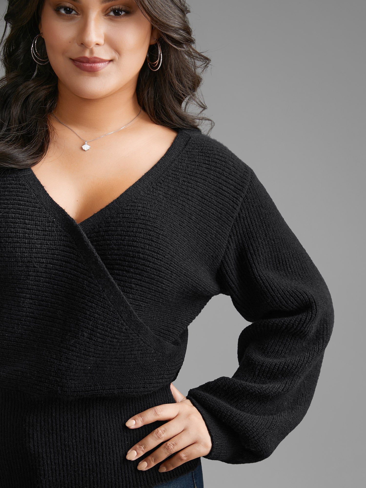 Overlap Collar Textured Lantern Sleeve Pullover