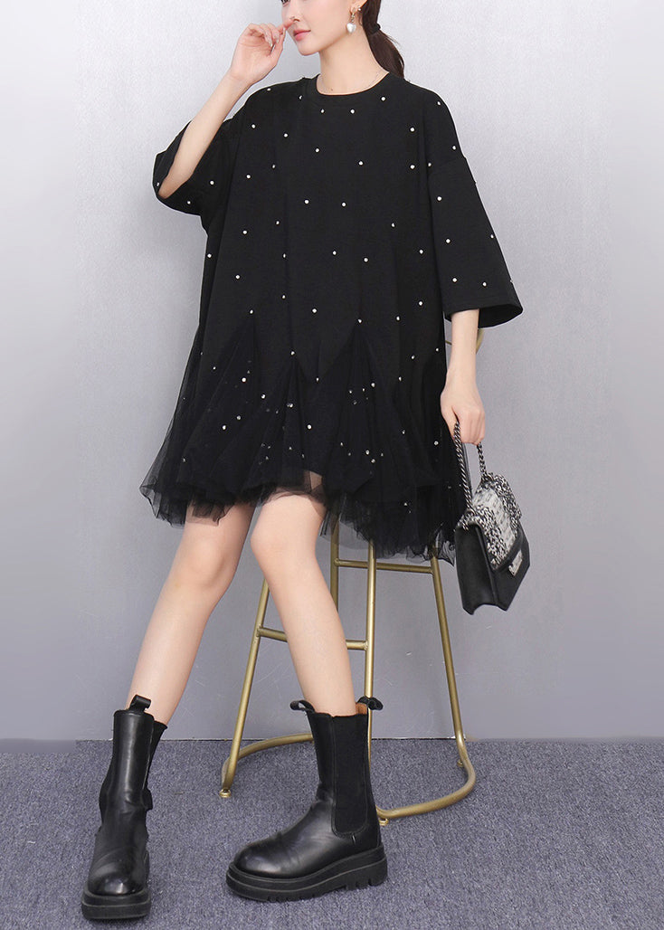 Fine Black Zircon Tulle Patchwork Cotton T Shirts Dress Half Sleeve Fall