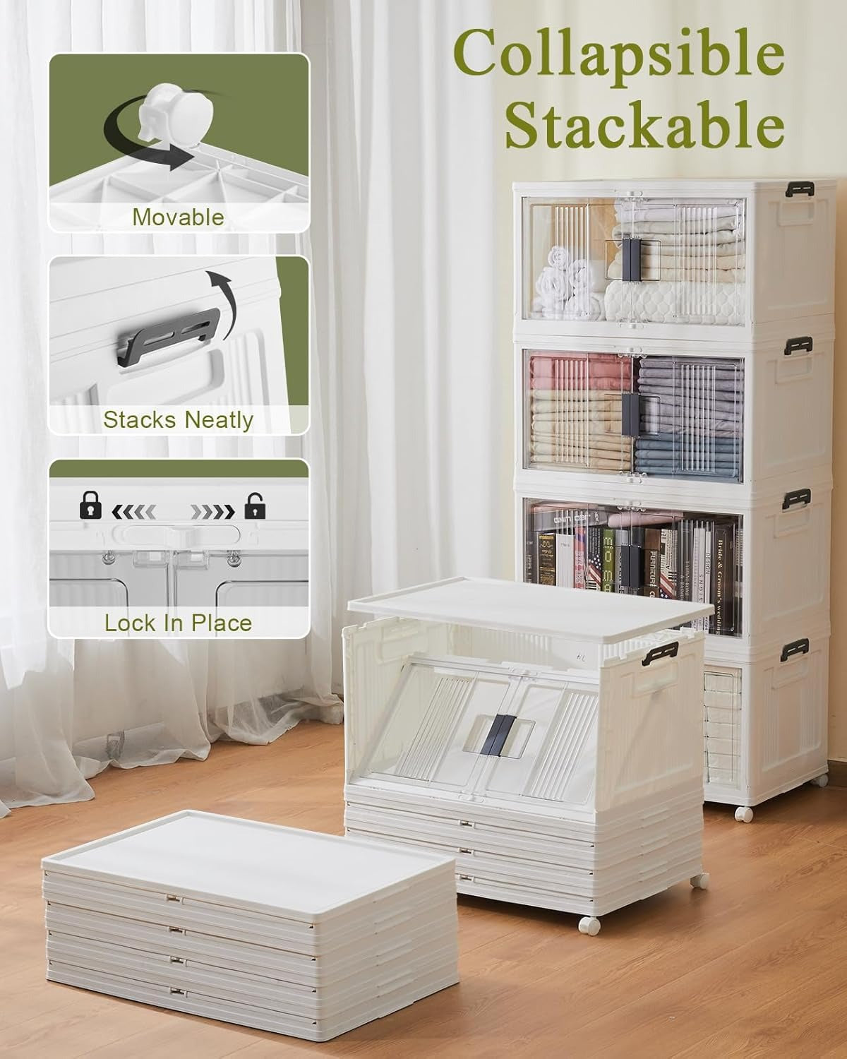 Folding Storage box with Doors and Wheels. Collapsible Plastic Storage Bins for Closets