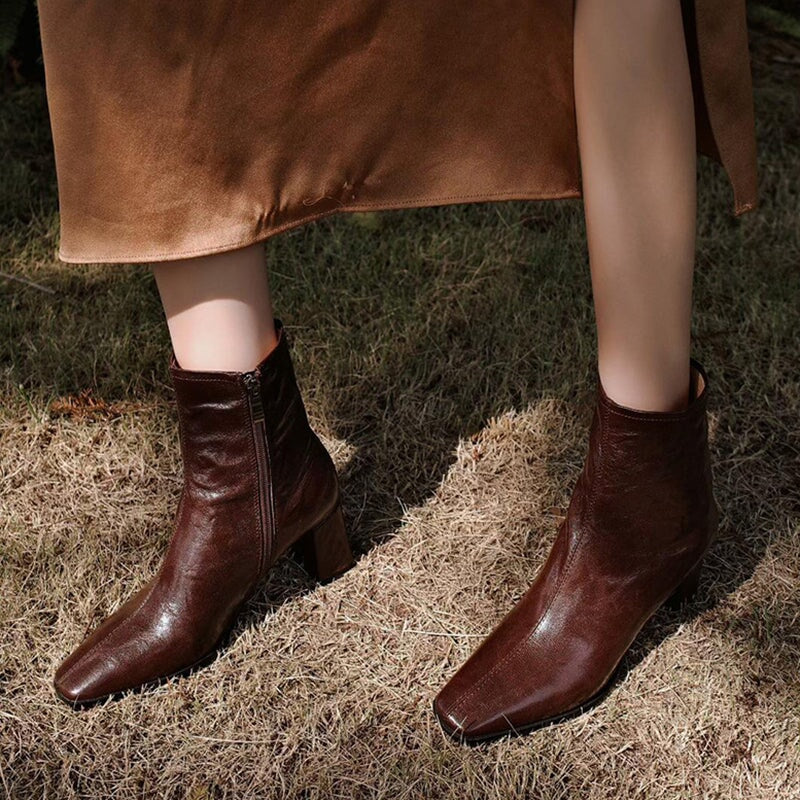 Squared Toe Leather Slimming Boots Sock Boots in Black/Brown