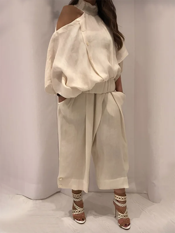 Loose Wide Leg Buttoned Solid Color Casual Pants Bottoms Trousers