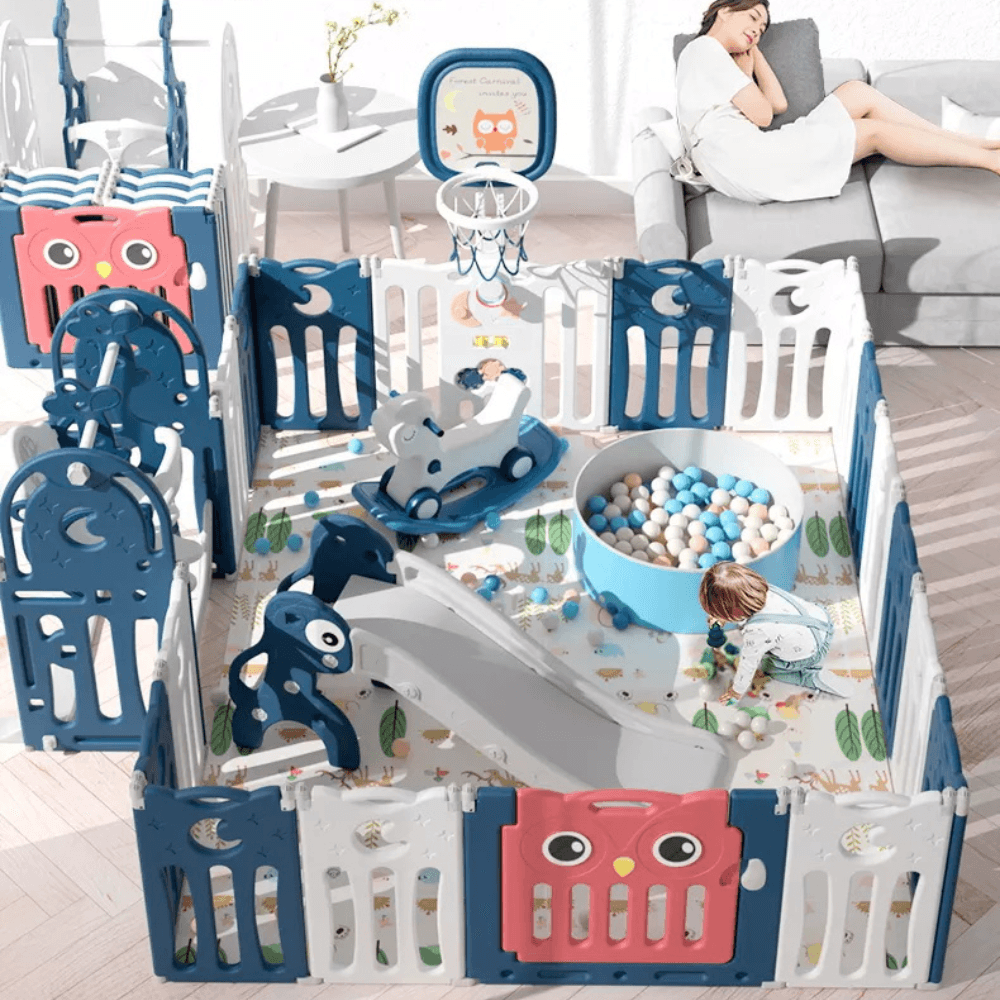 Owl Design Baby Playpen: Slide. Swing. Rocking Horse. Ball Pool & More