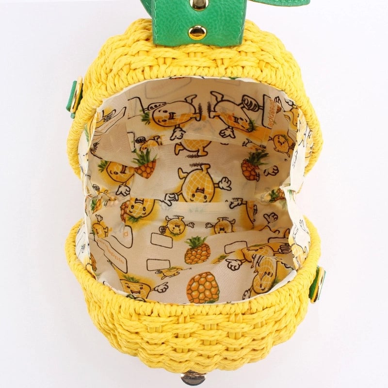 Women's Small Paper String Pineapple Cute Weave Round Lock Clasp Beach Bag