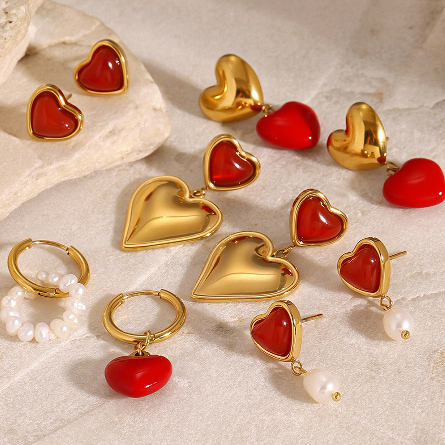 Stainless Steel Oil Drop Heart Earrings Pearl Earrings Titanium Steel Earrings Earring