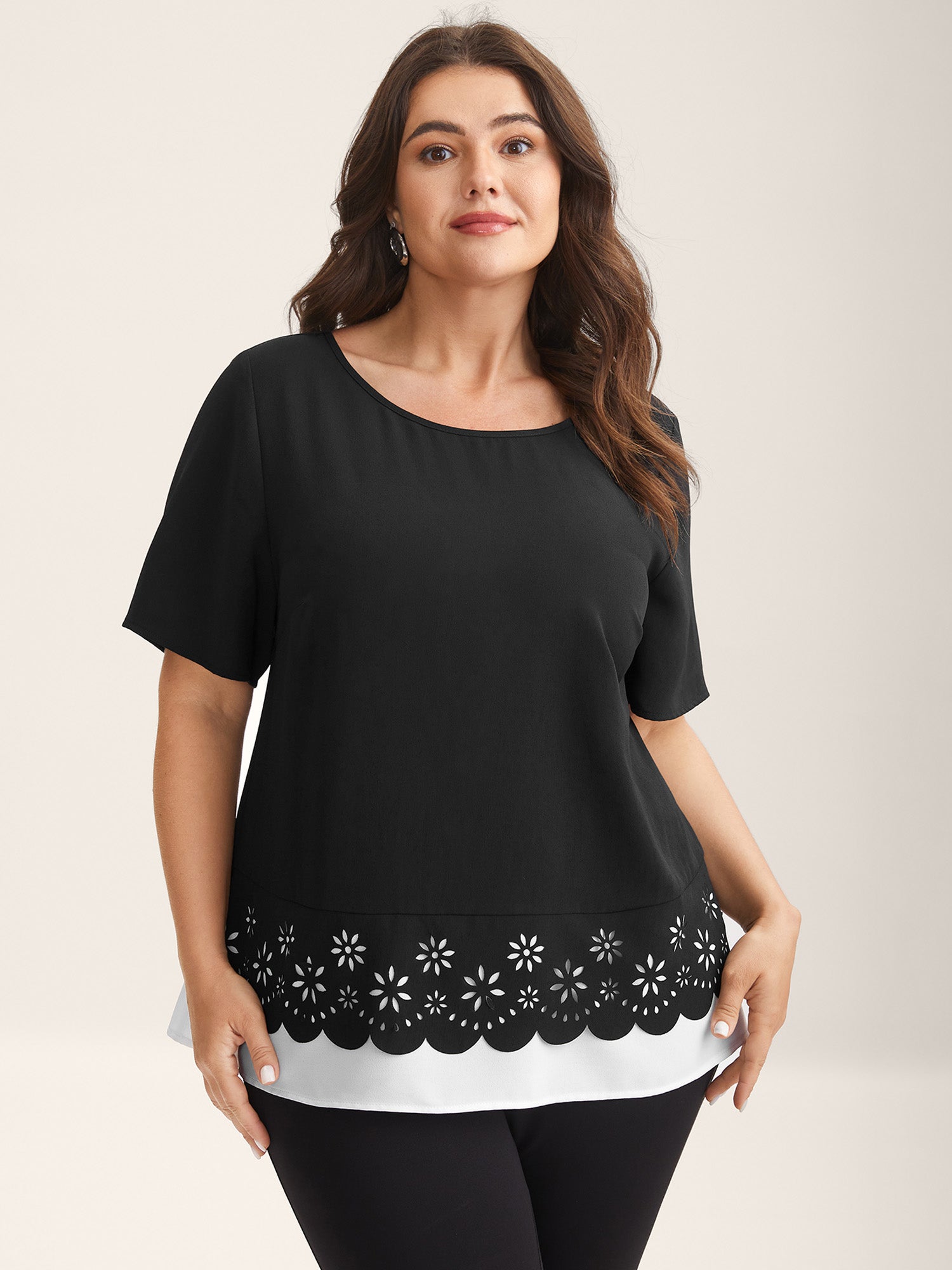 Laser Cut Patchwork Round Neck Blouse