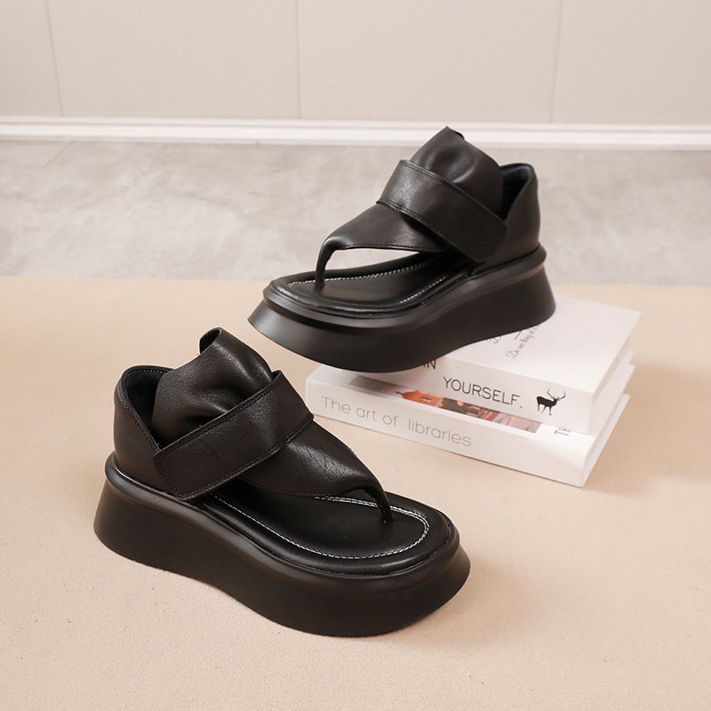 Cow Leather Platform Flip-Flop Sandals with Velcro Strap 55mm Thick Sole in Black