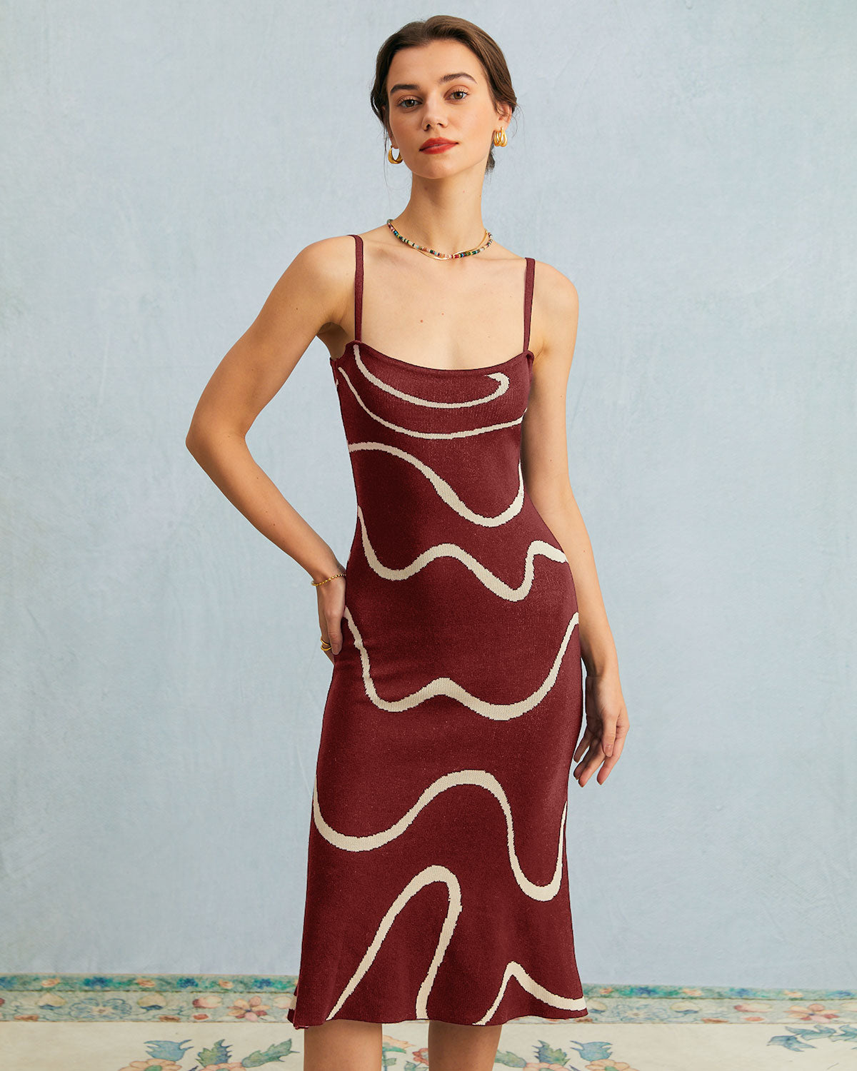 The Wine Red Wave Mermaid Knit Midi Dress