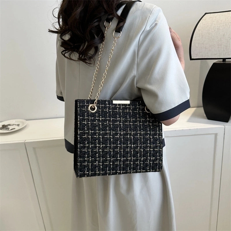 Women's Medium All Seasons Canvas Plaid Elegant Square Zipper Shoulder Bag Square Bag