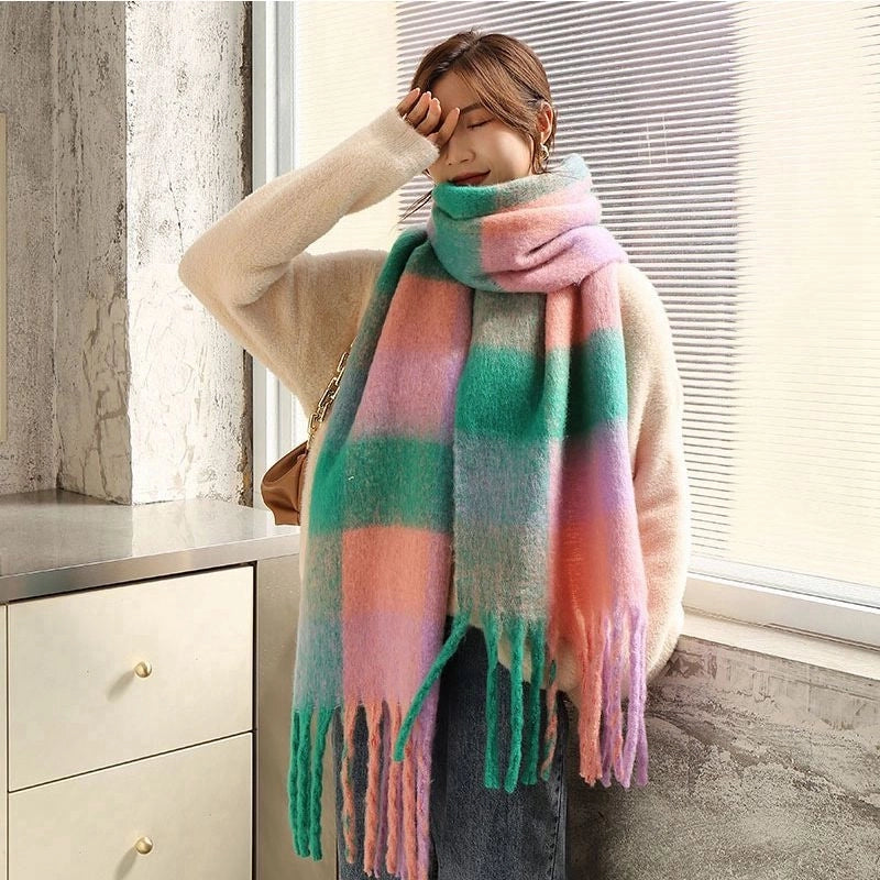 Rainbow Plaid Scarf Women's Autumn And Winter Thickened Mohair Student Couple Contrast Color Matching Thickened