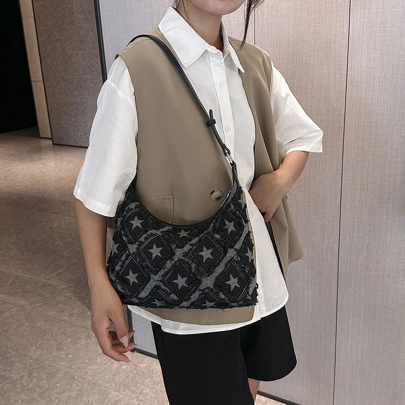Women's Small Denim Star Streetwear Zipper Underarm Bag