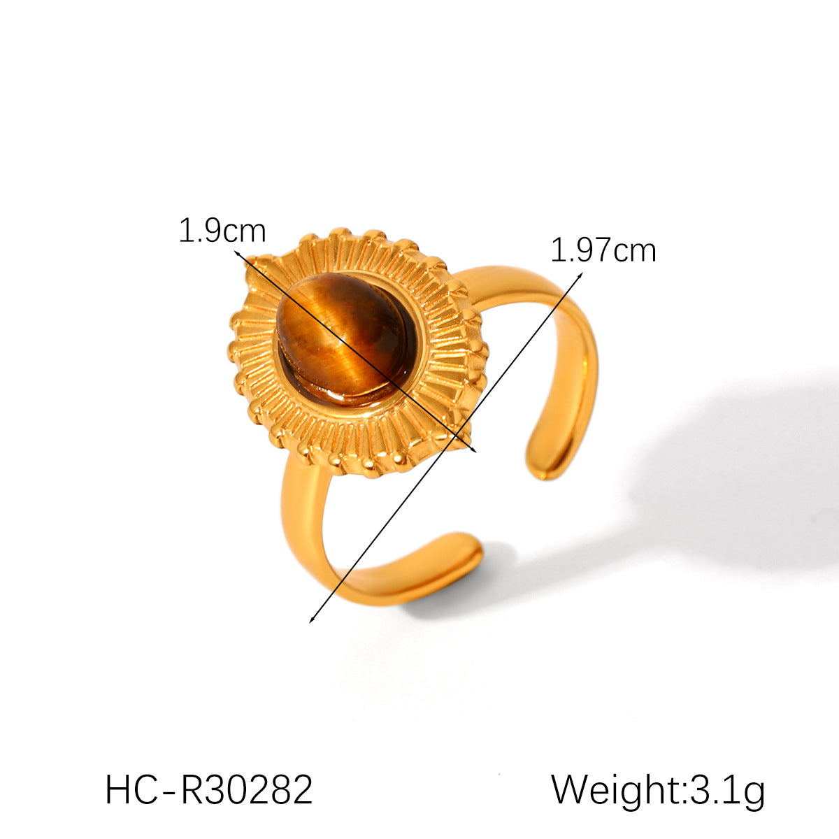 French Retro Stainless Steel Inlaid Natural Tiger Eye Stone Ring Female All-Match Geometric Titanium Steel Ring