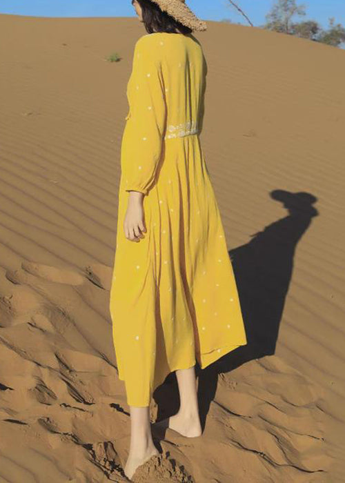 Beautiful Yellow Embroidered Lace Up Cotton Long Dresses Bracelet Sleeve