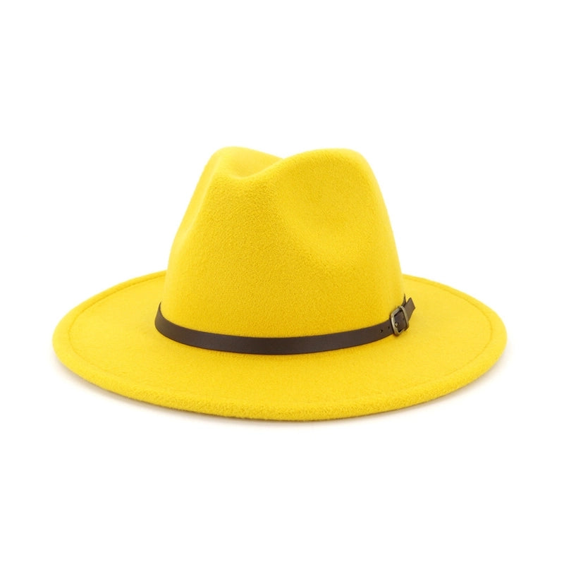 New Women's Woolen Brown Belt Buckle Top Hat Men And Women Couple Hat Flat Brim Big Brim Jazz Hat