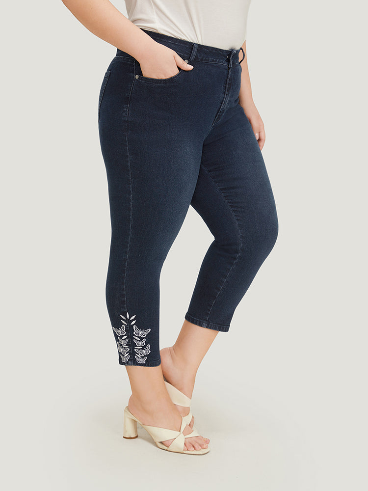 Very Stretchy High Rise Dark Wash Butterfly Embroidered Jeans