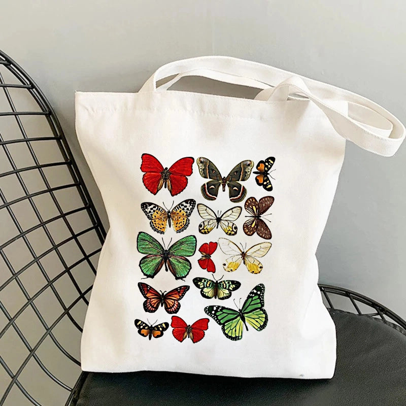 Women's Large Canvas Printing Flower Butterfly Streetwear Square Open Canvas Bag
