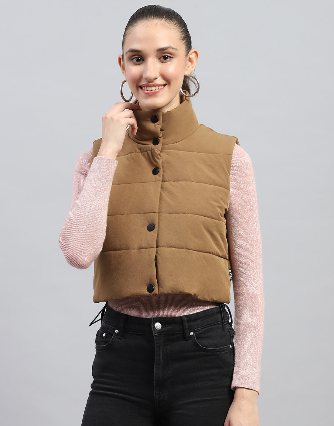 Women Brown Solid Mock Neck Sleeveless Jacket