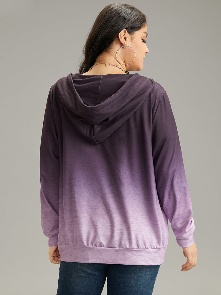 Ombre Hooded Zipper Drawstring Sweatshirt