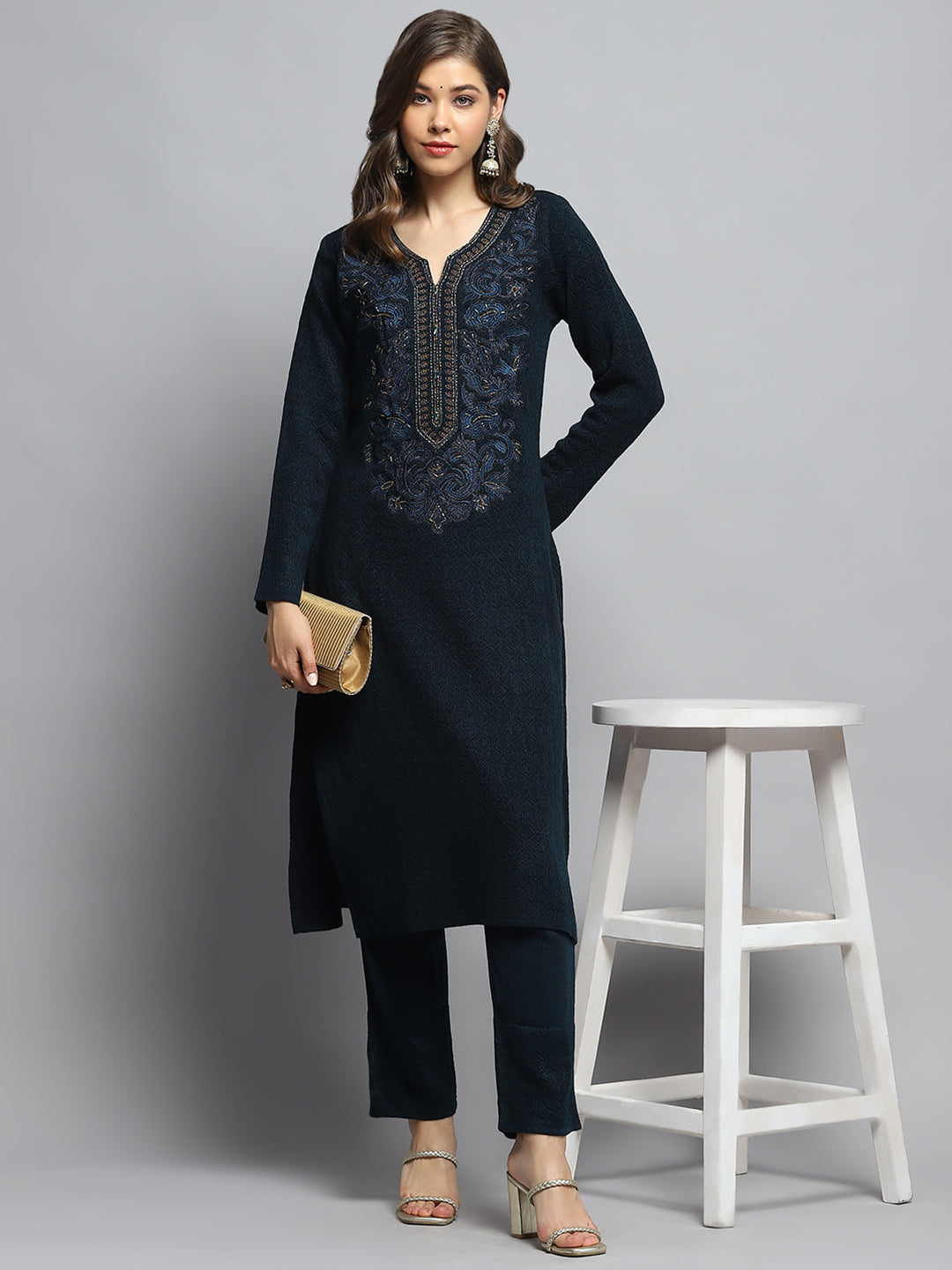 Women Teal Blue Self Design V Neck Full Sleeve Kurti Set