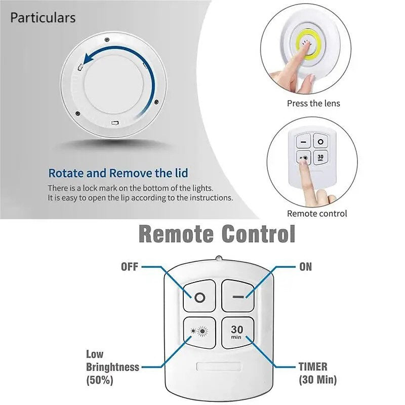 Wireless LED Spotlights with Remote Control with Battery-Powered Under Cabinet Lighting - Set of 3