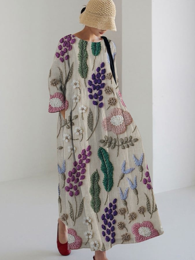 Women's Vintage Embroidered Floral Print Casual Loose Dress