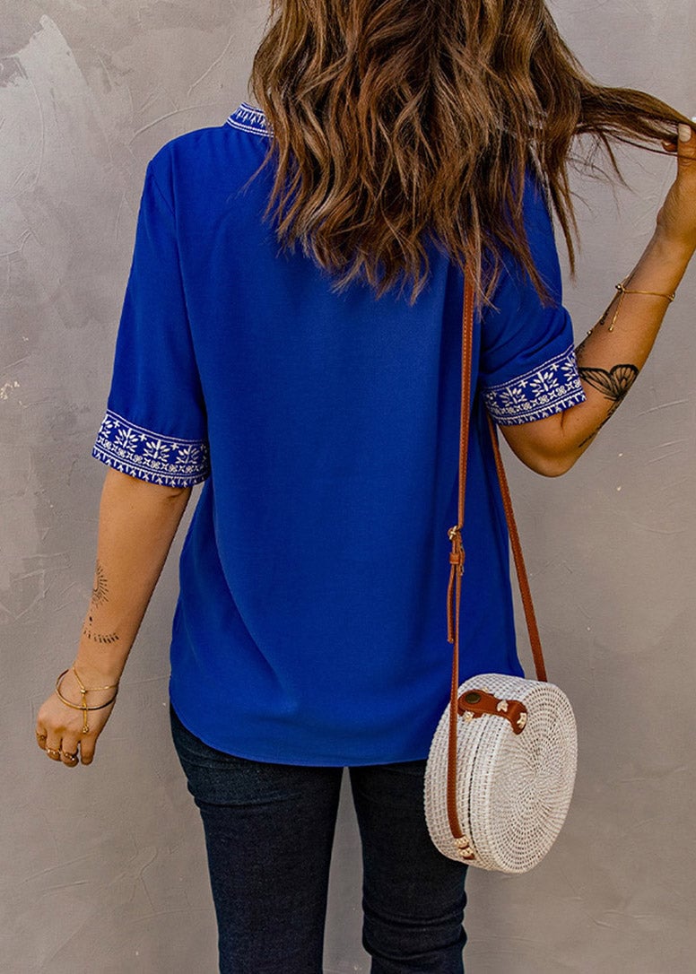Royal Blue Embroidered Thin T Shirts Summer